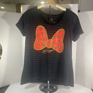 Disney Store Minnie Mouse Red Bow Black Striped V Neck T shirt Women XL